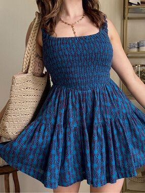 Free People Teal and Navy Smocked Mini Dress